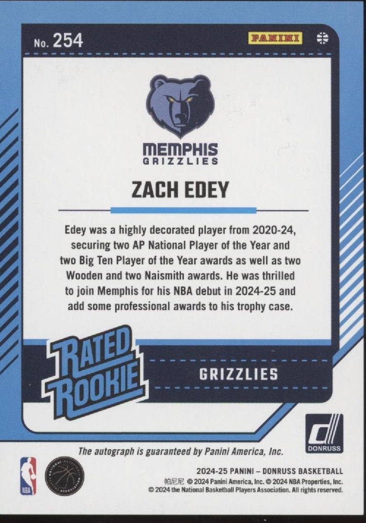 Zach Edey 2024-25 Panini Donruss Rated Rookie RC Auto #254、Collector Store LLC、kayou
