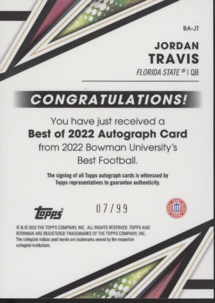 Jordan Travis 2022 Bowman's Best University Green Refractor Auto 07/99 #BA-JT、Collector Store LLC、kayou