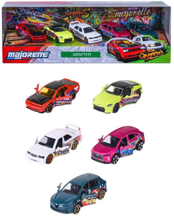 Majorette Graffiti Diecast Car Set Dodge Challenger SRT Demon, Nissan Z, Mercedes-Benz 190E 2.5-16 EVO II, DS7 E-Tense & Alfa Romeo Tonale、ToyWiz、kayou