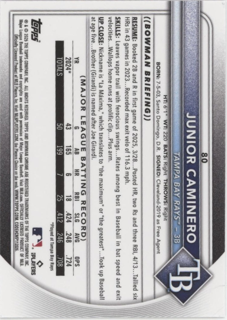 Junior Caminero 2025 Bowman Chrome Purple Refractor 151/299 #80、Collector Store LLC、kayou