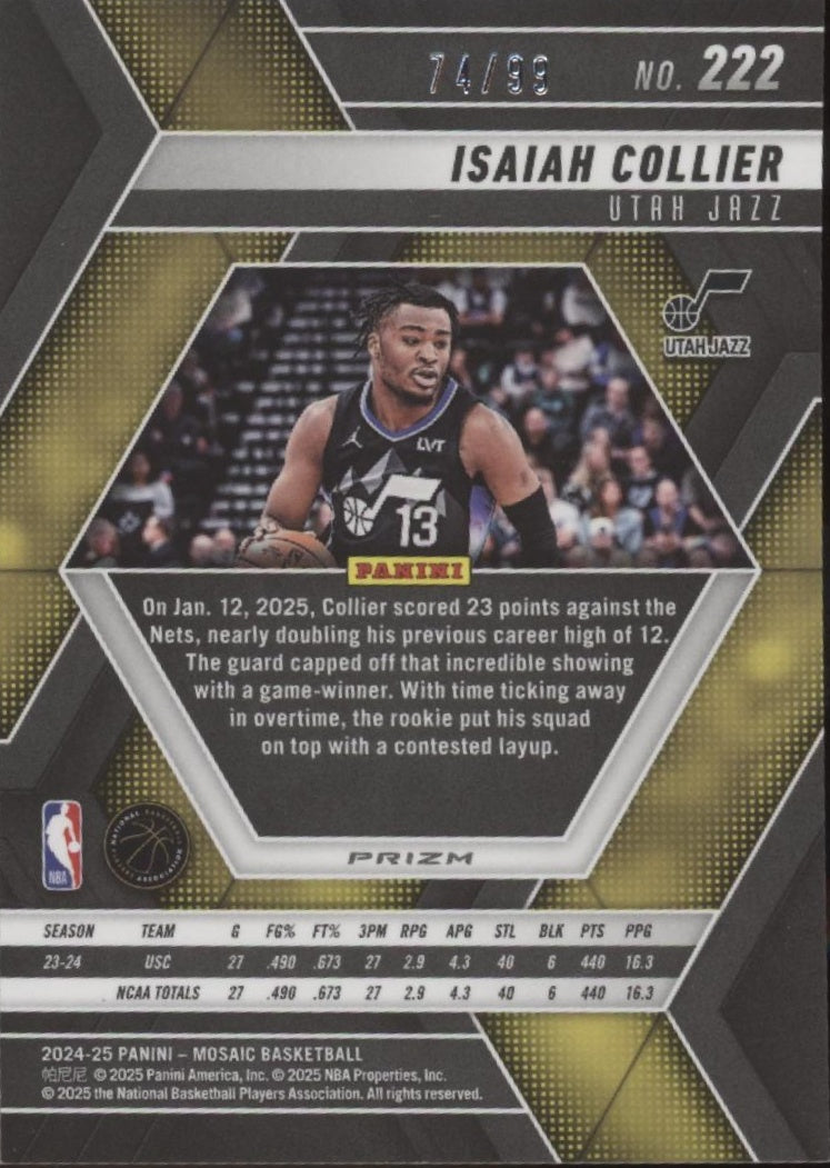 Isaiah Collier 2024-25 Panini Mosaic Red Fast Break Prizm 74/99 #222、Collector Store LLC、kayou