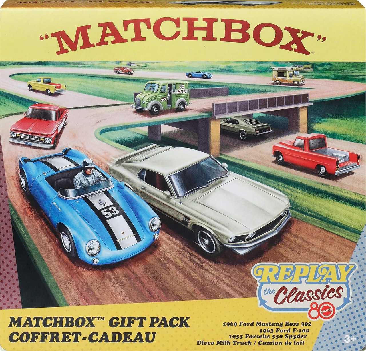 Matchbox Replay the Classics 1969 Ford Mustang Boss 302, 1963 Ford F-100, 1955 Porsche 550 Spyder & Divco Milk Truck Diecast Vehicle 4-Pack 80th Anniversary, Damaged Package、ToyWiz、kayou