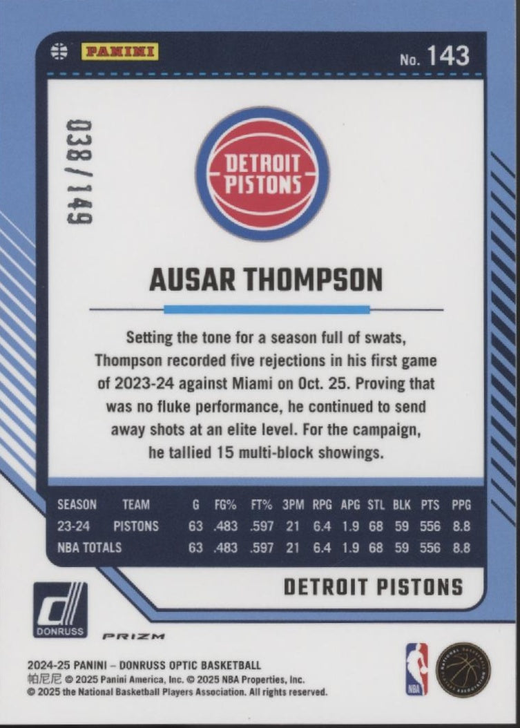 Ausar Thompson 2024-25 Panini Donruss Optic Green Shock Prizm 038/149 #143、Collector Store LLC、kayou