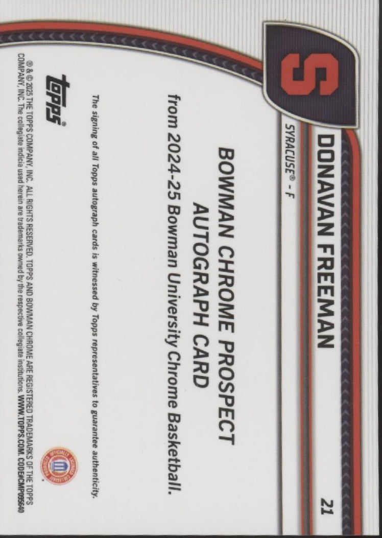 Donovan Freeman 2024-25 Bowman Chrome University Auto 46/48 #21、Collector Store LLC、kayou