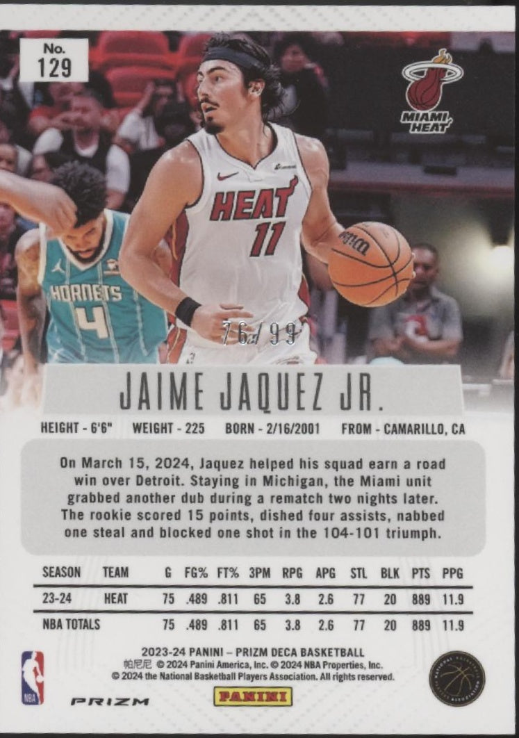 Jaime Jaquez Jr. 2023-24 Panini Prizm Deca Purple Prizm RC 76/99 #129、Collector Store LLC、kayou