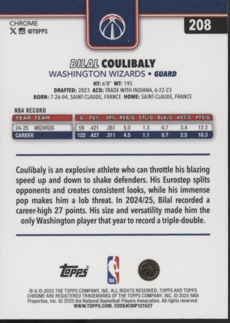 Bila Coulibaly 2025-26 Topps Chrome Purple Pulsar Refractor 02/75 #208、Collector Store LLC、kayou