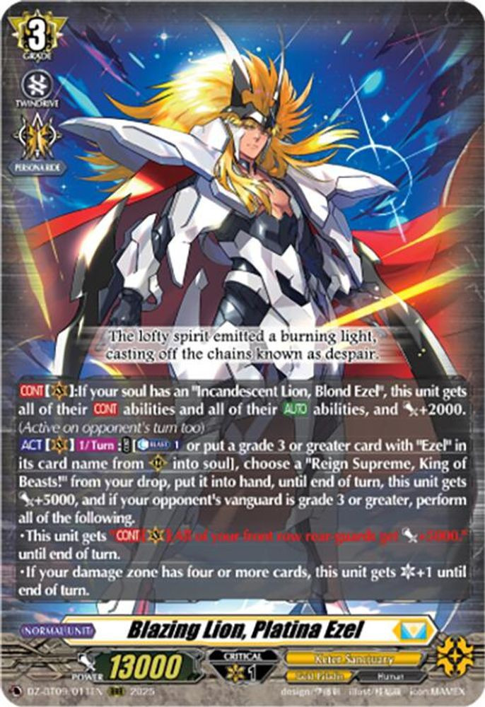 Cardfight Vanguard Trading Card Game Super Brave Detonation Triple Rare Blazing Lion, Platina Ezel DZ-BT09/011EN、ToyWiz、kayou