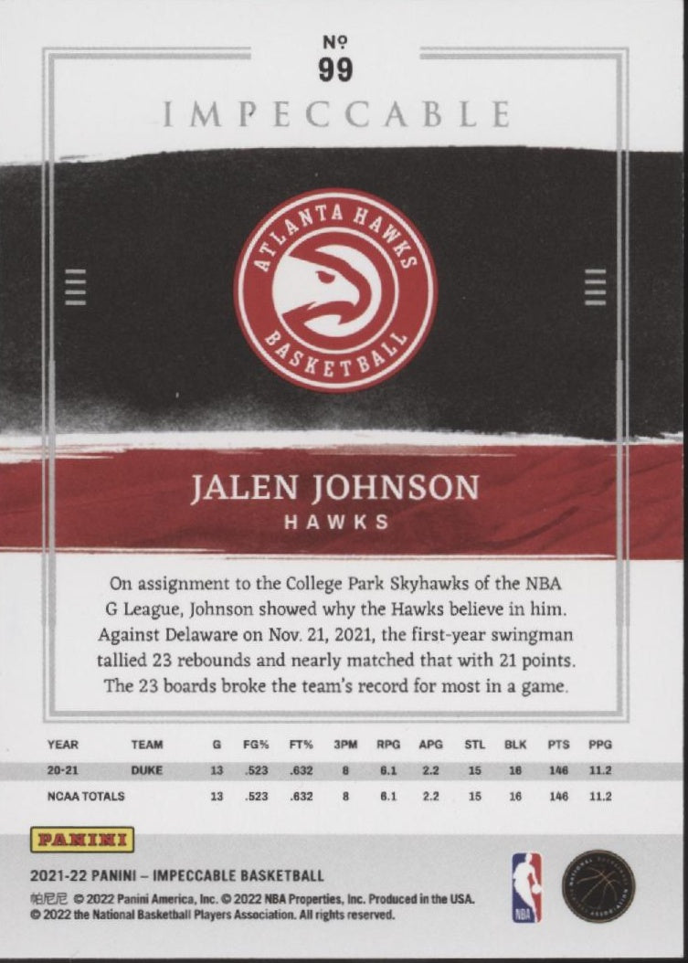 Jalen Johnson 2021-22 Panini Impeccable Red RC #99、Collector Store LLC、kayou