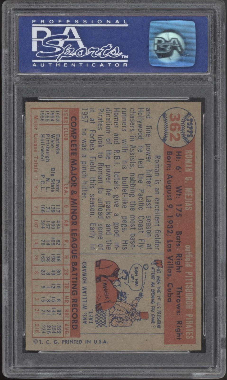 Roman Mejias 1957 Topps #362 PSA 7、Collector Store LLC、kayou