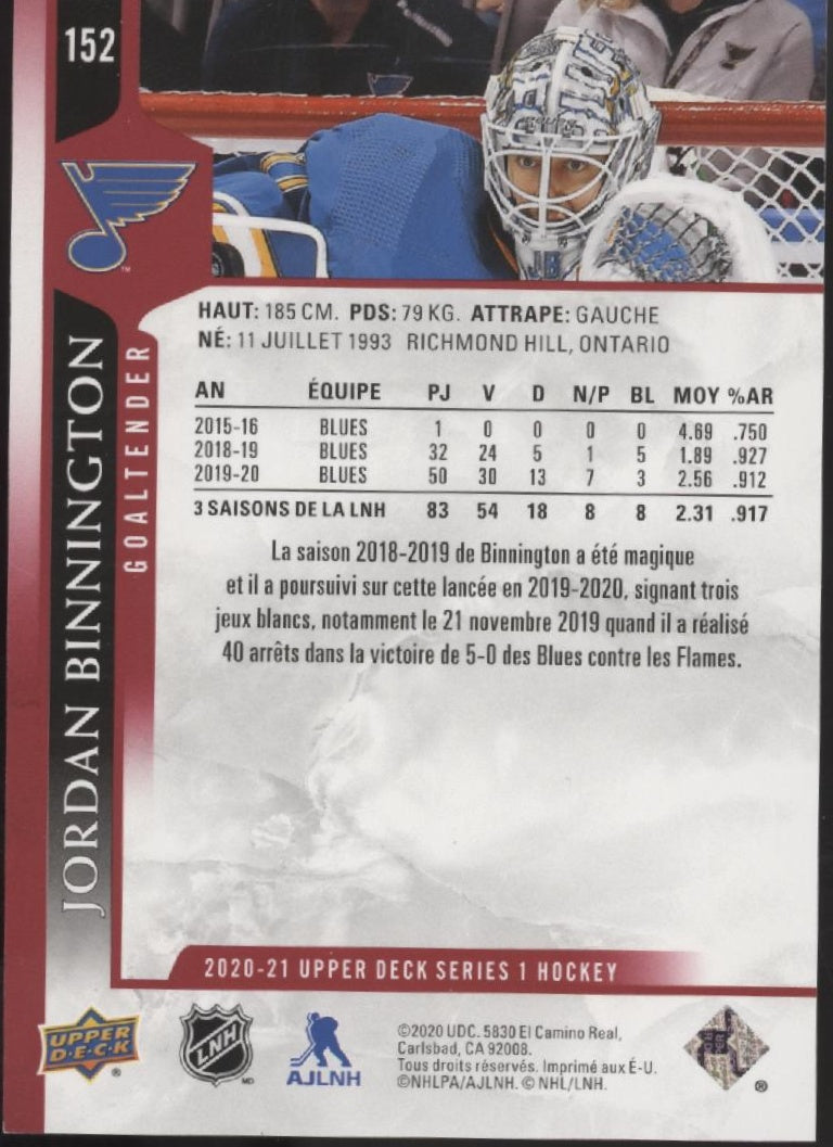 Jordan Binnington 2020-21 Upper Deck Series 1 Exclusives Red 024/100 #152、Collector Store LLC、kayou