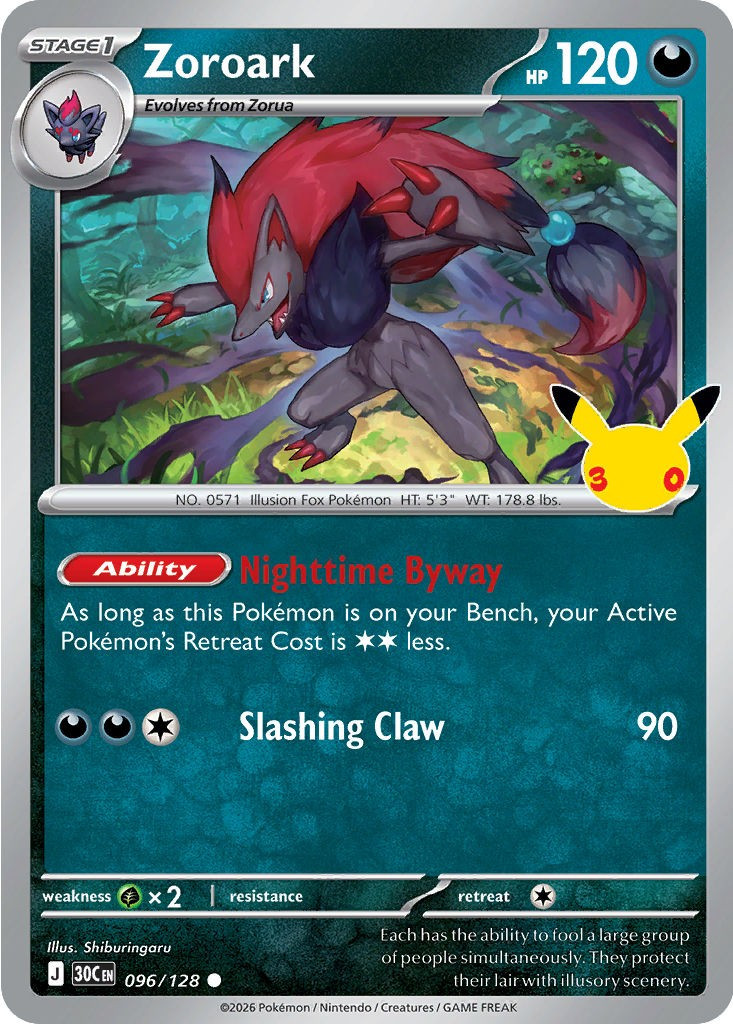 Pokemon Trading Card Game 30th Celebration Common Zoroark #96、ToyWiz、kayou