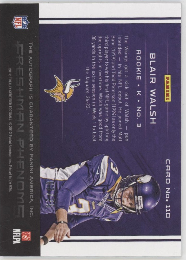 Blair Walsh 2012 Panini Totally Certified Freshman Phenoms Auto 03/25 #110、Collector Store LLC、kayou