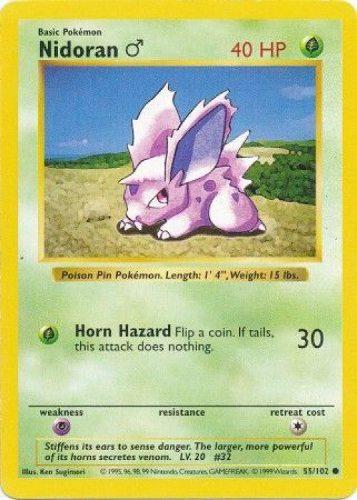 Pokemon Base Set Common Nidoran M #55 Shadowless Lightly Played、ToyWiz、kayou