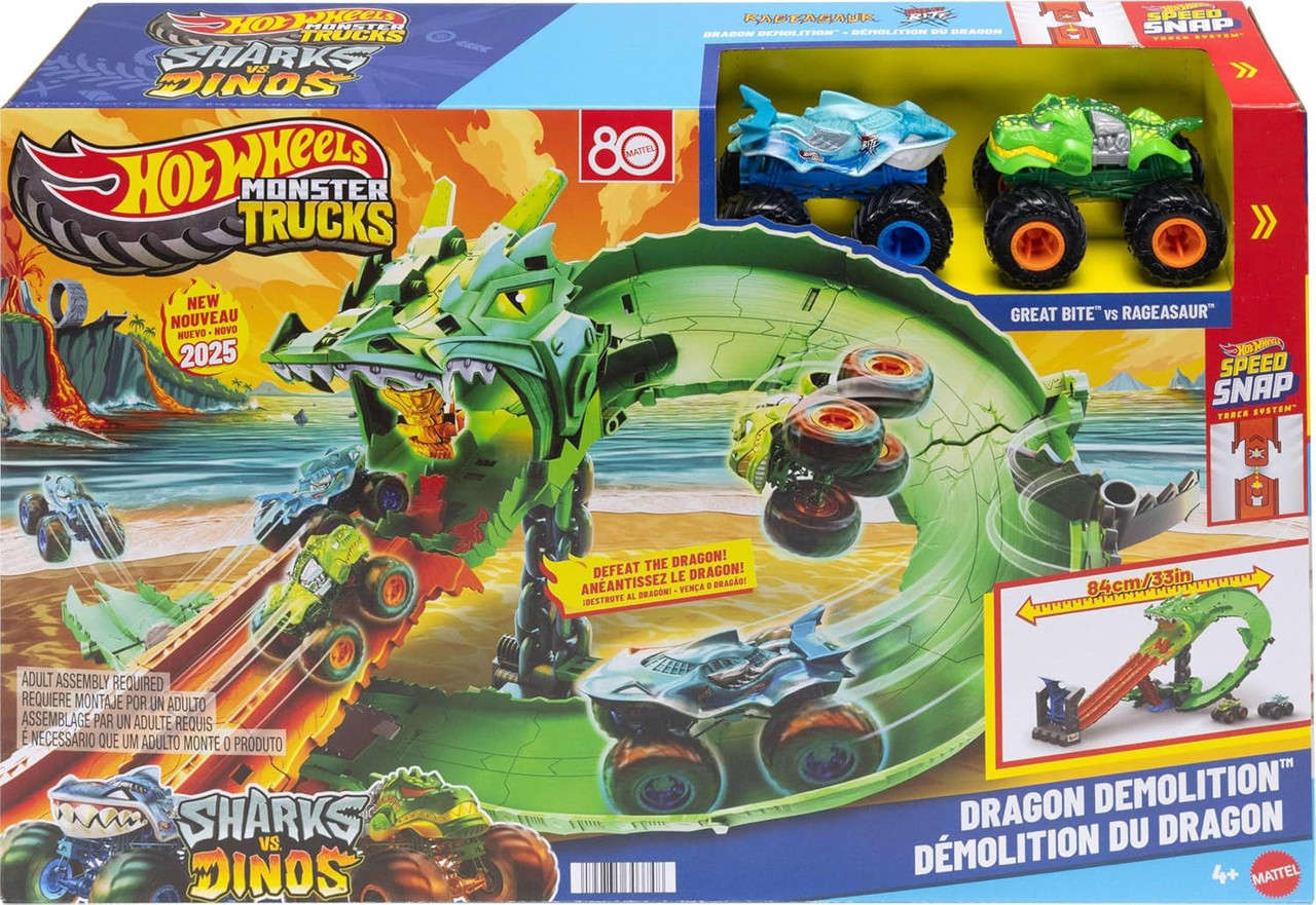 Hot Wheels Monster Trucks Sharks vs Dinos Dragon Demolition Playset、ToyWiz、kayou