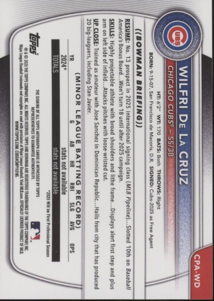 Wilfri De La Cruz 2025 Bowman Chrome Prospects Auto #CPA-WD、Collector Store LLC、kayou