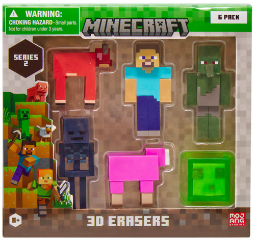 Minecraft Series 2 Warm Cown, Steve, Zombie Villager, Wither Skeleton, Pink Sheep & Slime Cube 2.25-Inch 3D Eraser 6-Pack、ToyWiz、kayou
