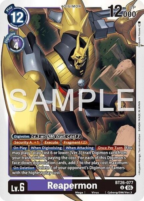 Digimon Trading Card Game Timeless Bonds Uncommon Reapermon BT26-077、ToyWiz、kayou