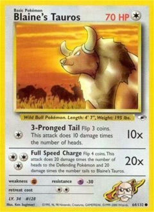 Pokemon Trading Card Game Gym Heroes Common Blaine's Tauros #64 Moderately Played、ToyWiz、kayou