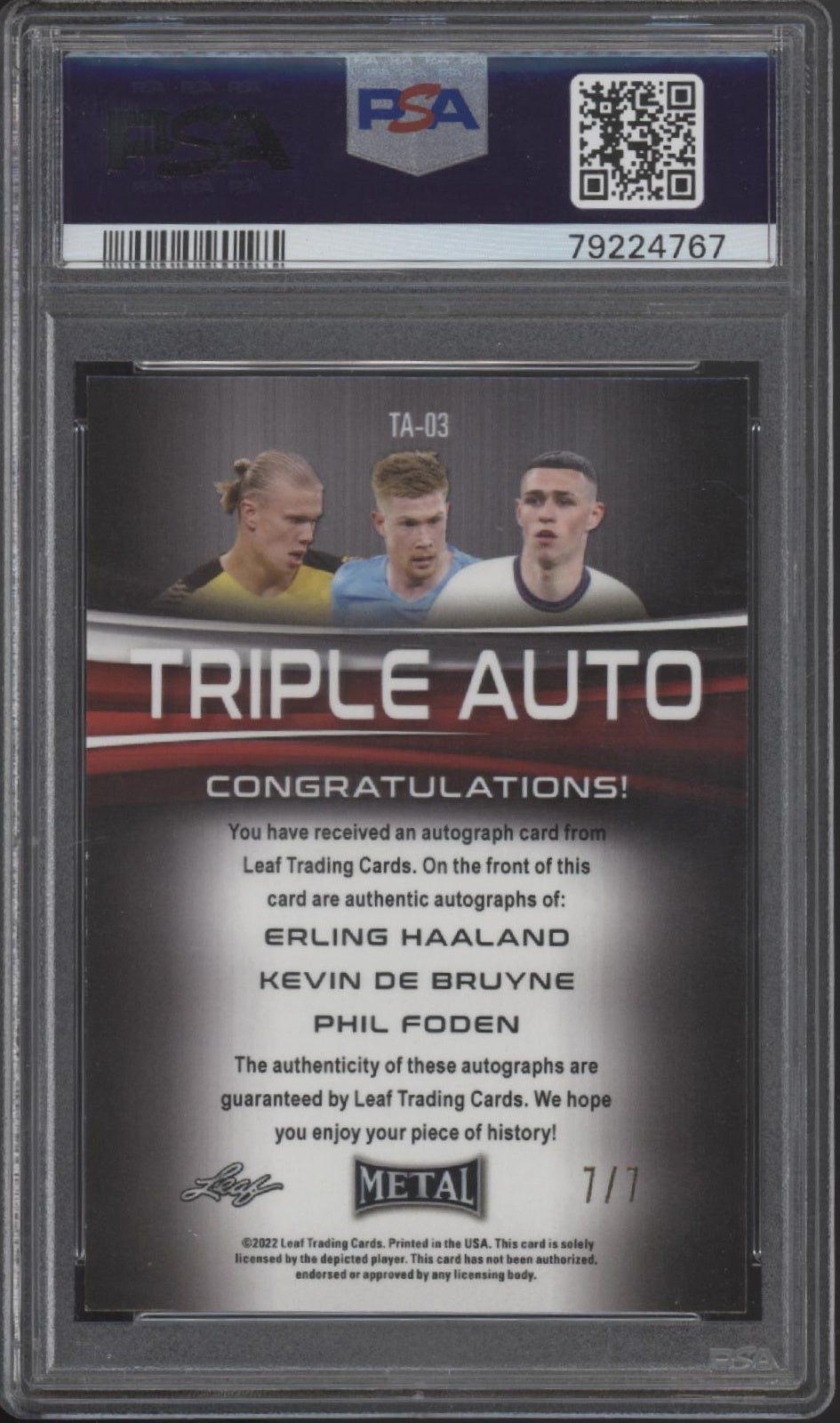 Haaland / De Bruyne / Foden 2022 Leaf Metal Triple Autos 7/7 PSA 9 / 10 Autos、Collector Store LLC、kayou