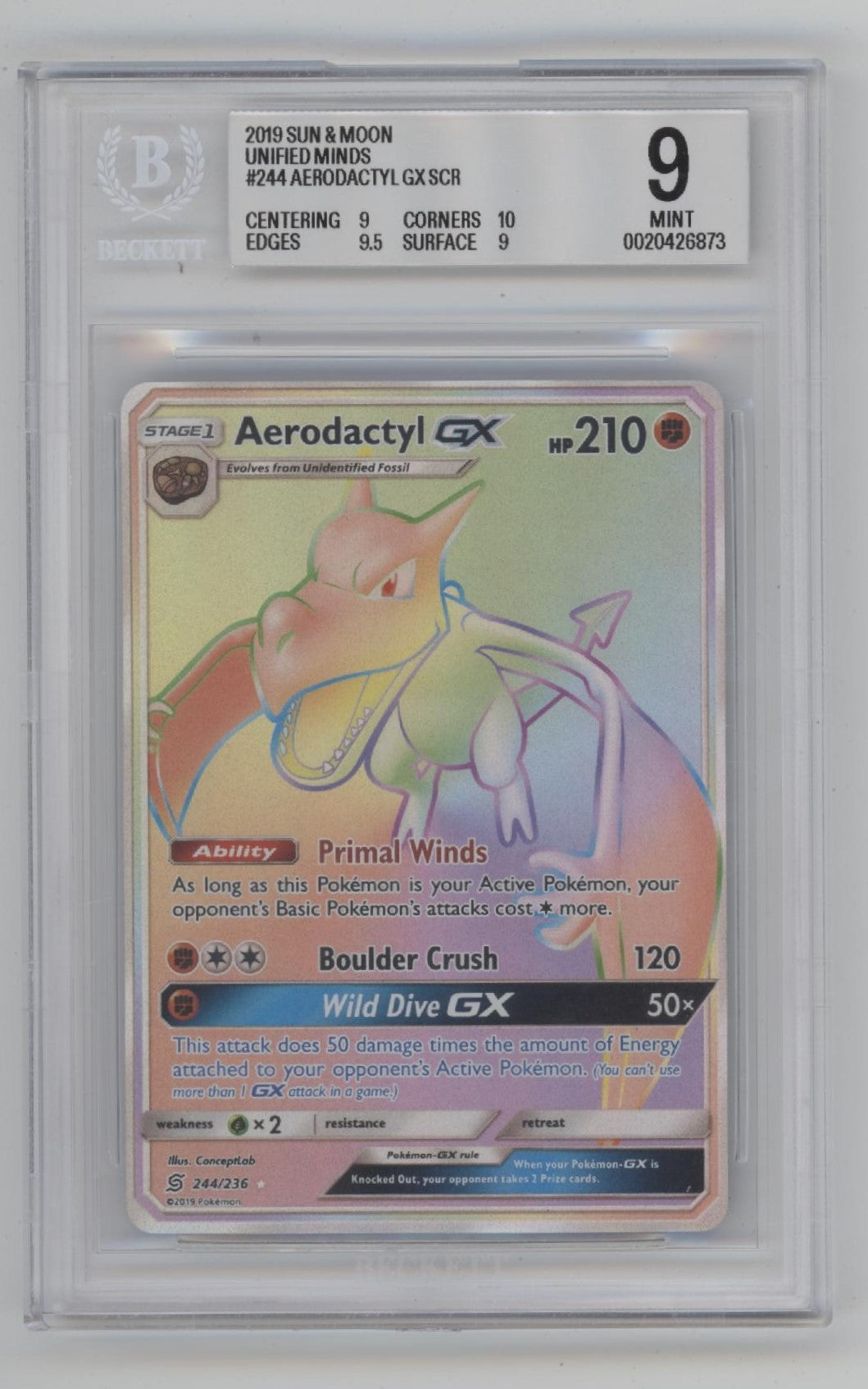 Aerodactyl GX Pokemon Unified Minds #244 Beckett 9、Collector Store LLC Gaming、kayou