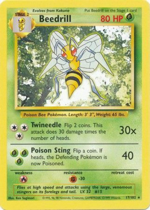 Pokemon Base Set Rare Beedrill #17 Shadowless Moderately Played、ToyWiz、kayou