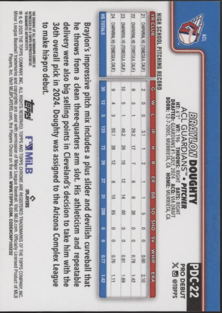 Braylon Doughty 2025 Topps Chrome Pro Debut Black Refractor Auto 01/10 #PDC-22、Collector Store LLC、kayou
