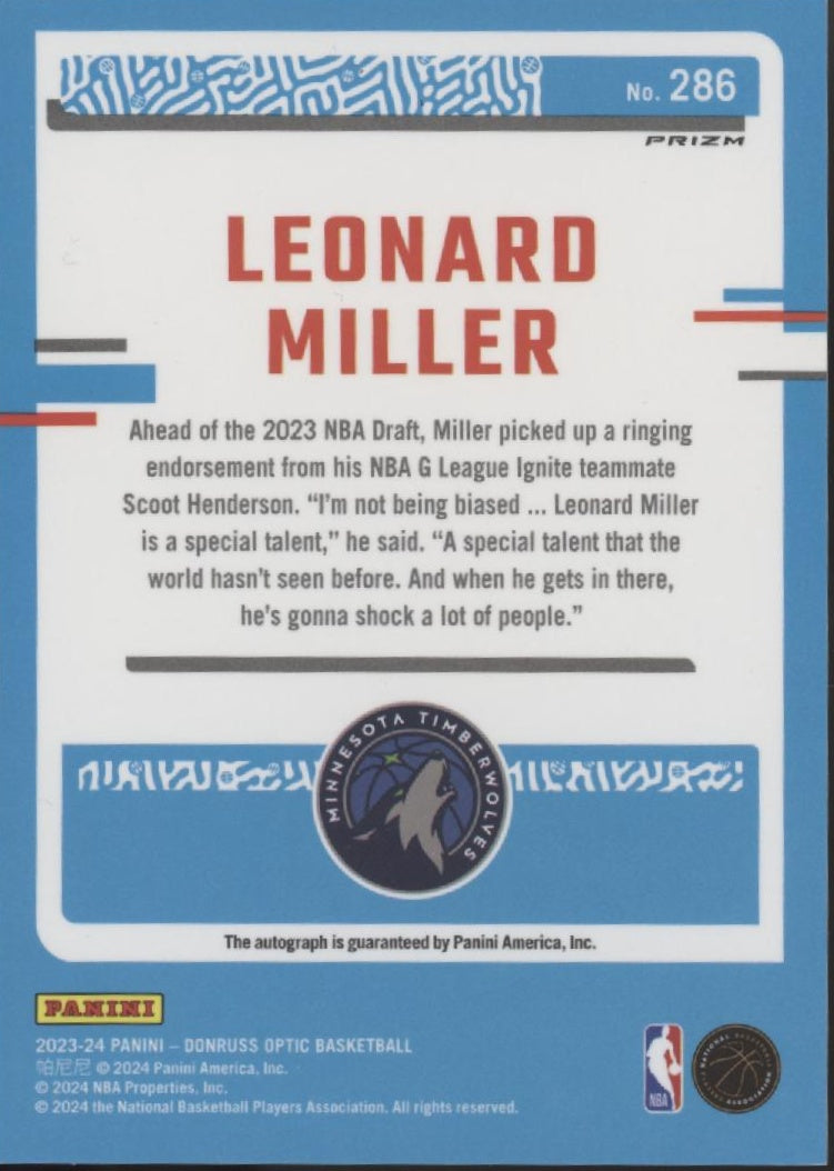 Leonard Miller 2023-24 Panini Donruss Optic Rated Rookie Red Mojo Prizm RC #286、Collector Store LLC、kayou