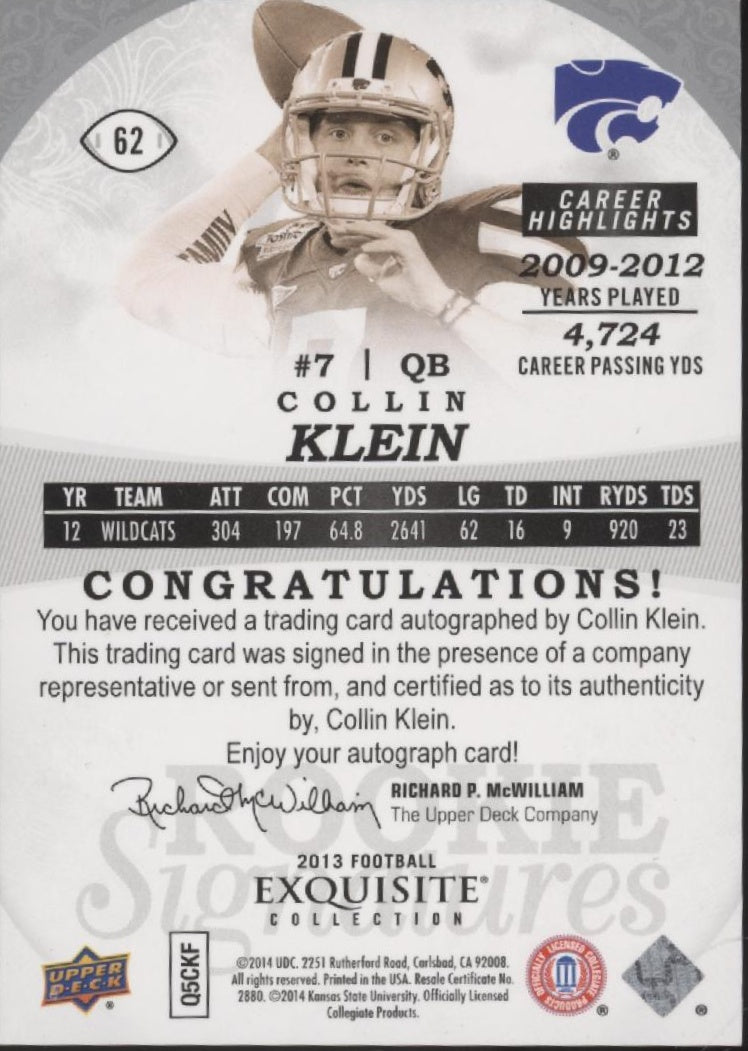 Collin Klein 2013 Upper Deck Exquisite Collection RC Auto 49/70 #62、Collector Store LLC、kayou