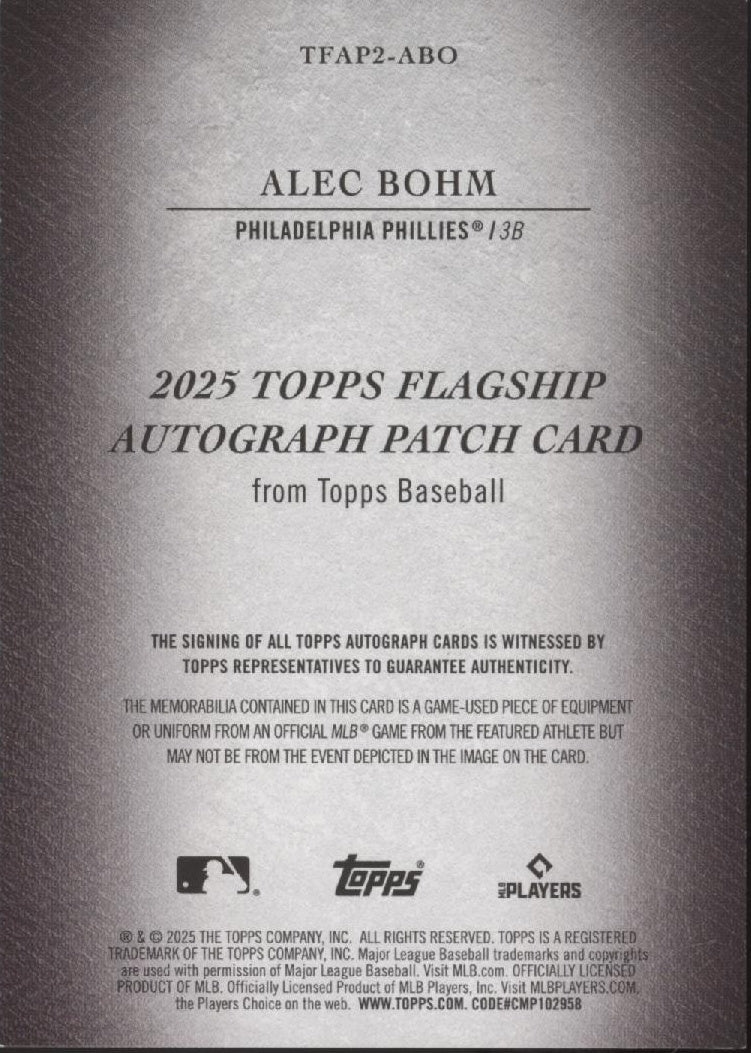 Alec Bohm 2025 Topps Flagship Swatch Auto 22/50 #TFAP2-ABO、Collector Store LLC、kayou