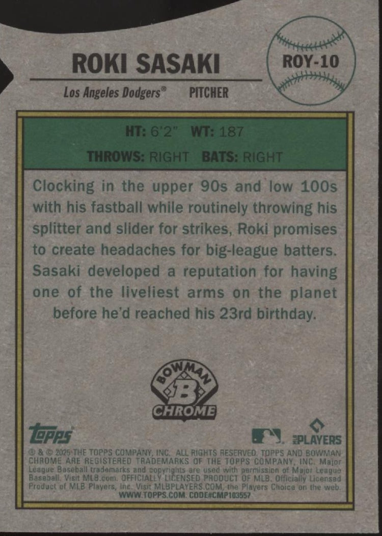 Roki Sasaki 2025 Bowman Chrome Rookie of the Year Favorites Die-Cut RC #ROY-10、Collector Store LLC、kayou