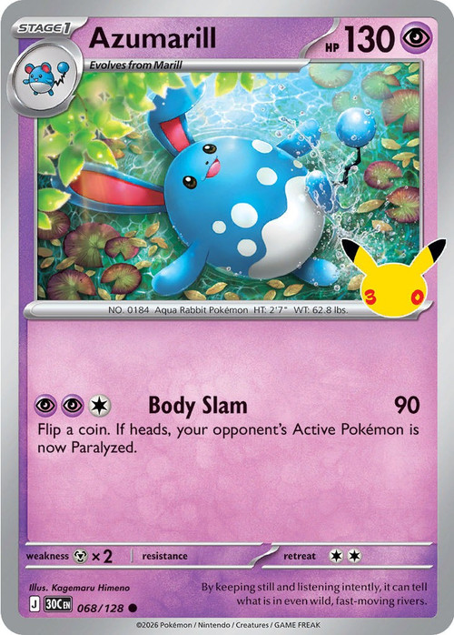 Pokemon Trading Card Game 30th Celebration Common Azumarill #68、ToyWiz、kayou