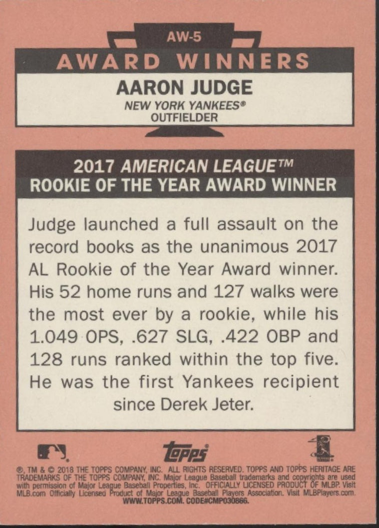 Aaron Judge 2018 Topps Heritage Award Winners #AW-5、Collector Store LLC、kayou