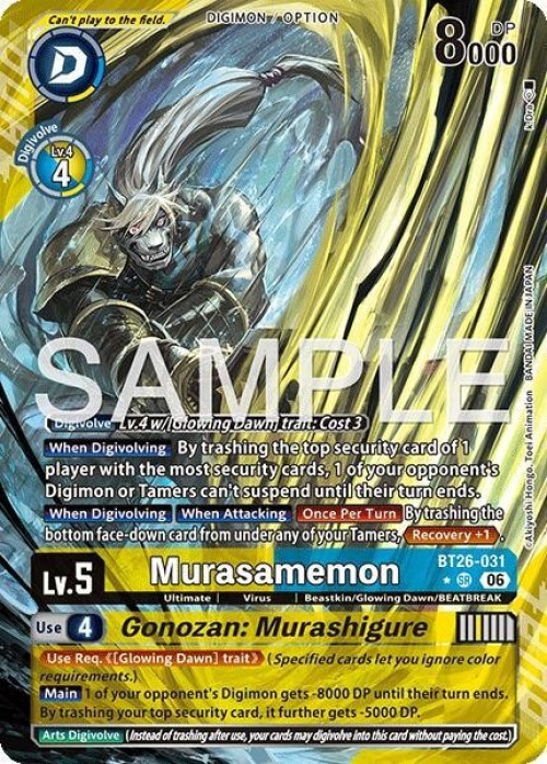 Digimon Trading Card Game Timeless Bonds Super Rare Murasamemon // Gonozan: Murashigure BT26-031 Alternate Art、ToyWiz、kayou
