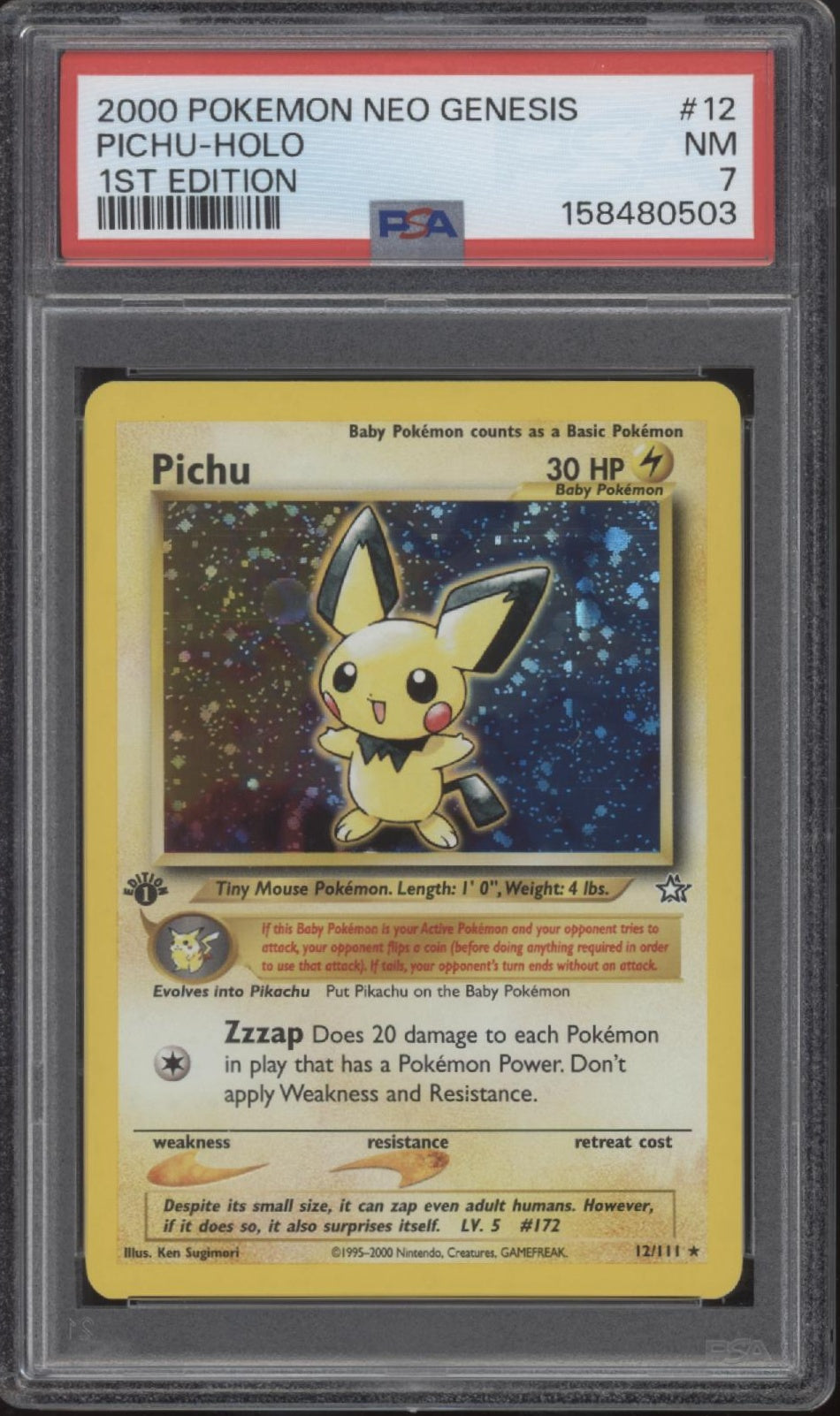 Pichu Pokemon Neo Genesis Holo 1st Edition #12 PSA 7、Collector Store LLC Gaming、kayou