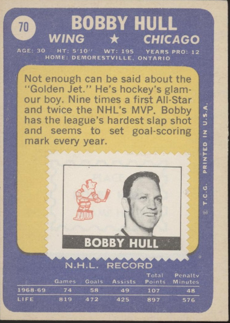 Bobby Hull 1969-70 Topps #70 Chicago Blackhawks VG、Collector Store LLC、kayou