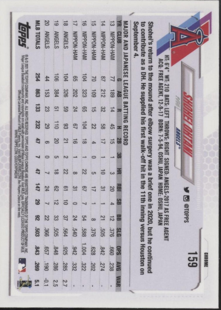 Shohei Ohtani 2021 Topps Chrome Pink Refractor #159、Collector Store LLC、kayou