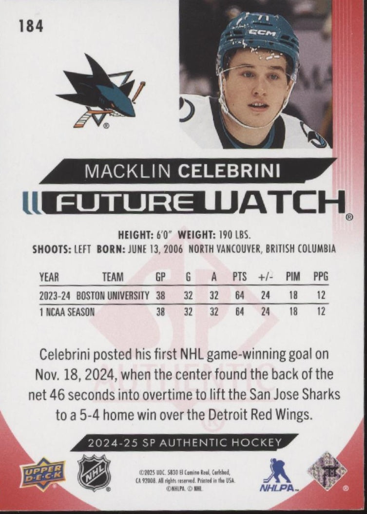 Macklin Celebrini 2024-25 Upper Deck SP Authentic Limited Future Watch Red #184、Collector Store LLC、kayou