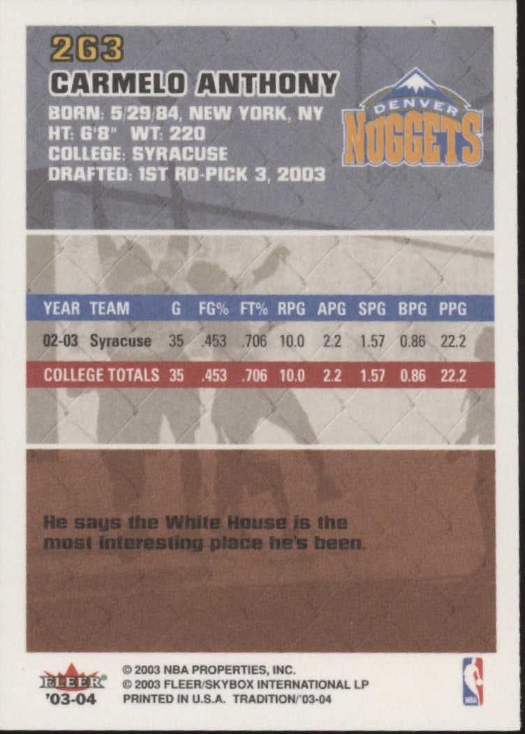 Carmelo Anthony 2003-04 Fleer Tradition RC #263、Collector Store LLC、kayou