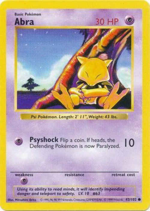 Pokemon Base Set Common Abra #43 Shadowless Moderately Played、ToyWiz、kayou