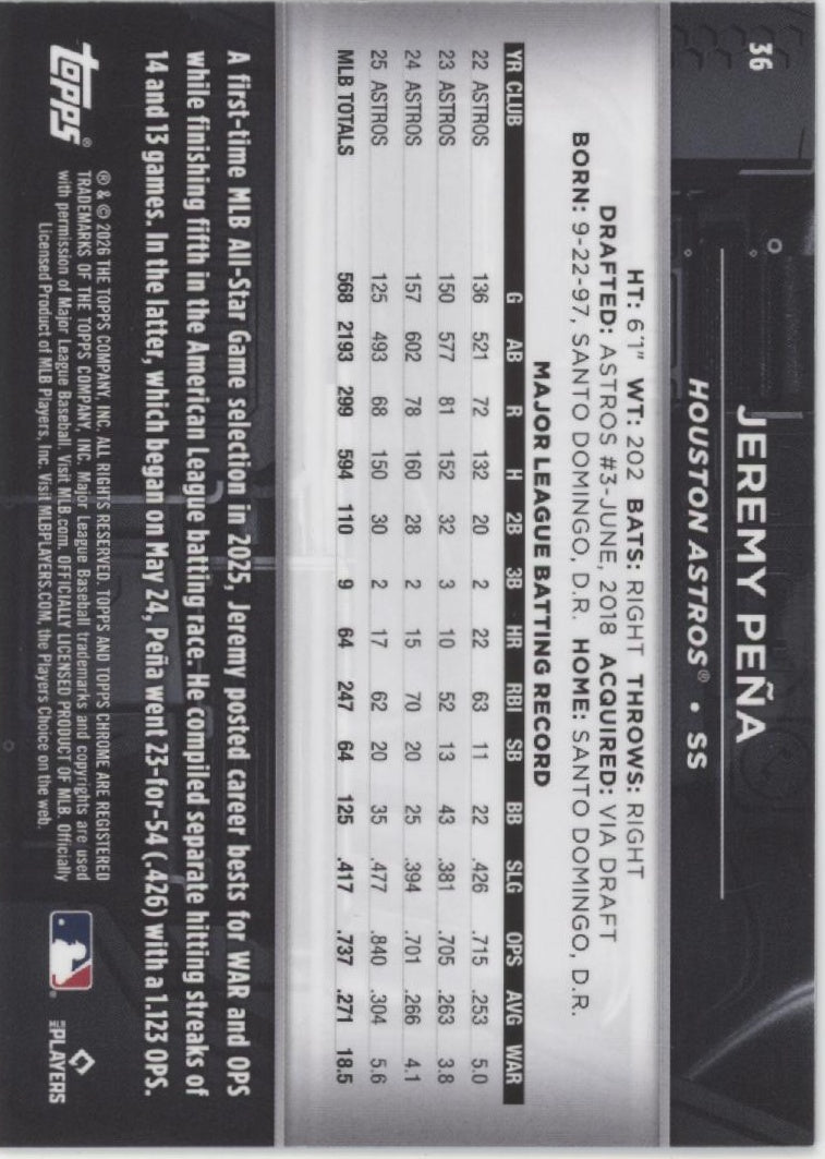 Jeremy Pena 2026 Topps Chrome Black Orange Refractor 05/25 #36、Collector Store LLC、kayou