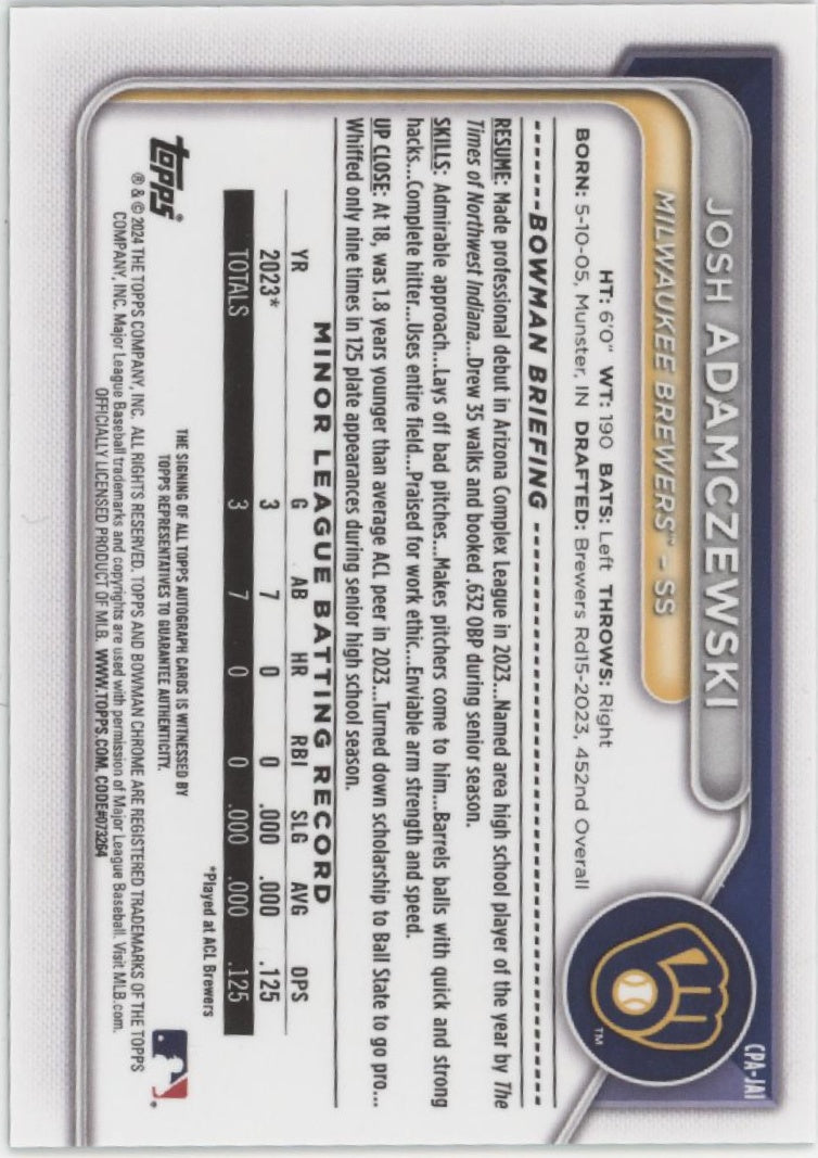 Josh Adamczewski 2024 Bowman Chrome Green Refractor Auto 11/99 #CPA-JAI、Collector Store LLC、kayou