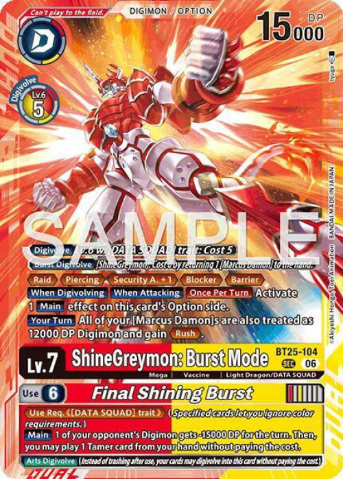 Digimon Trading Card Game Dual Revolution Secret Rare ShineGreymon: Burst Mode // Final Shining Burst BT25-104、ToyWiz、kayou