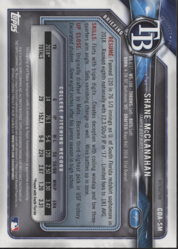 Shane McClanahan 2018 Bowman Chrome Prospects Refractor Auto 326/499 #CDA-SM、Collector Store LLC、kayou