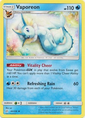 Pokemon Trading Card Game Sun & Moon Cosmic Eclipse Uncommon Vaporeon #42、ToyWiz、kayou