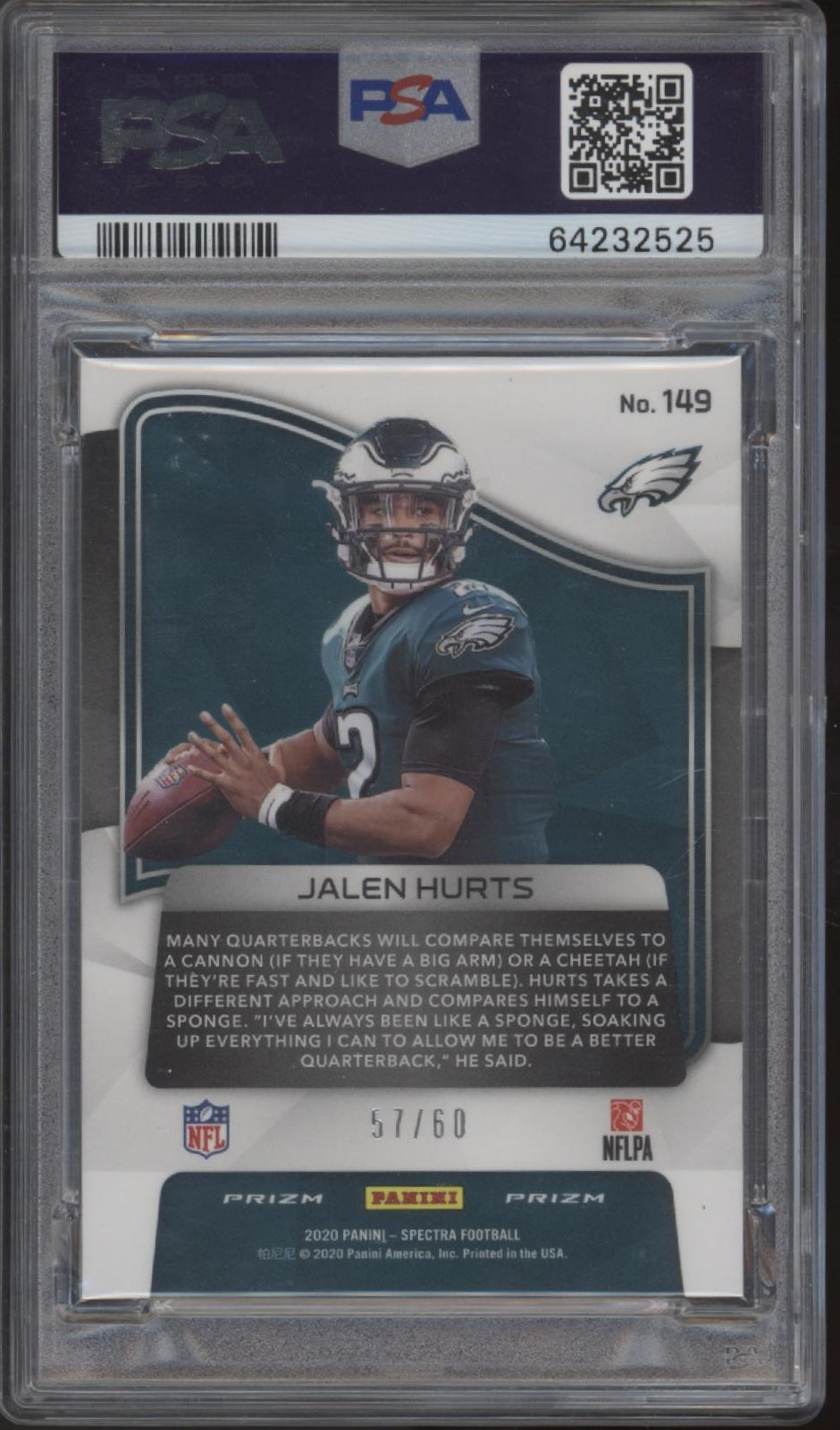 Jalen Hurts 2020 Panini Spectra Neon Blue No Hubble Prizm RC 57/60 #149 PSA 10、Collector Store LLC、kayou
