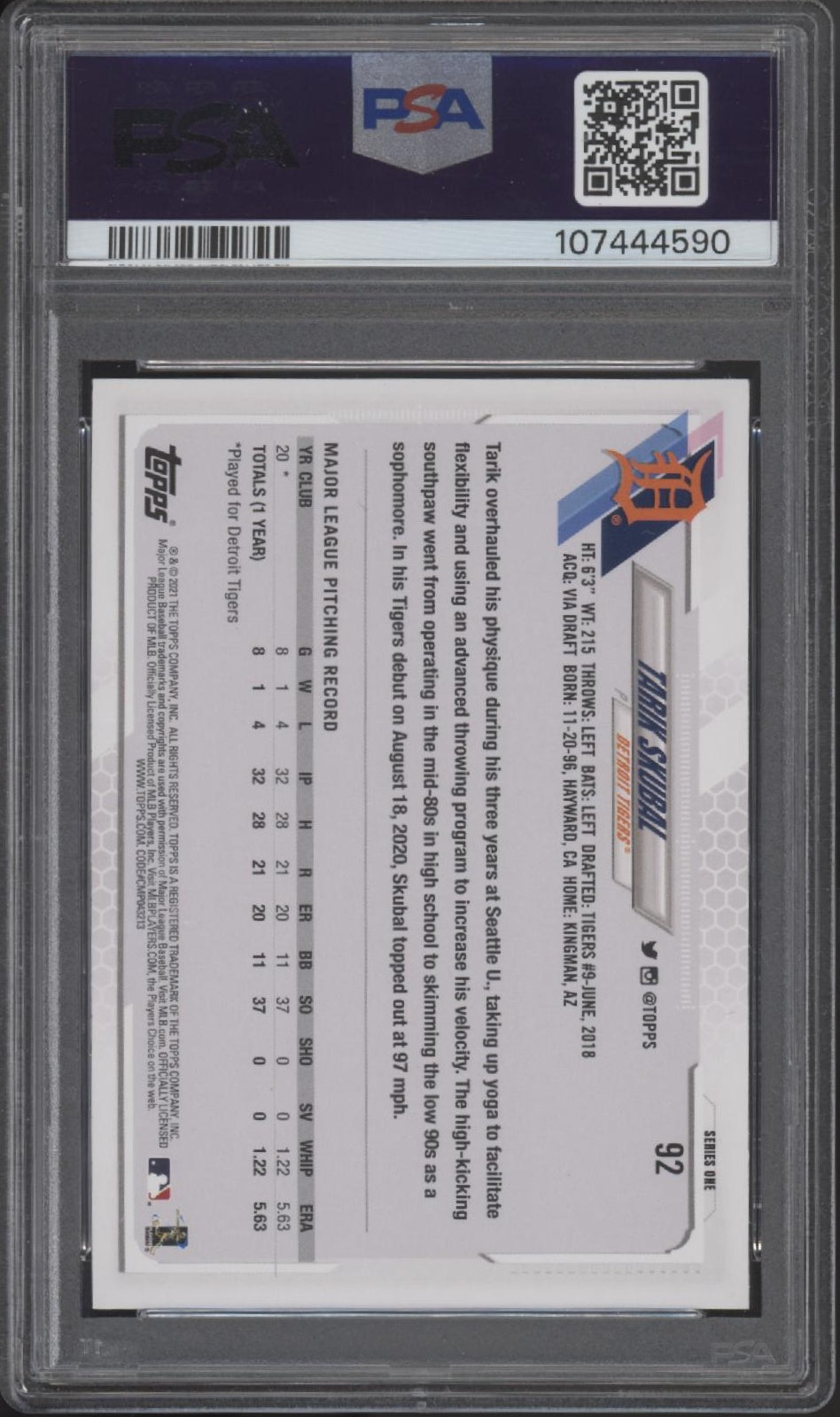 Tarik Skubal 2021 Topps Series 1 RC #92 PSA 9 #1、Collector Store LLC、kayou
