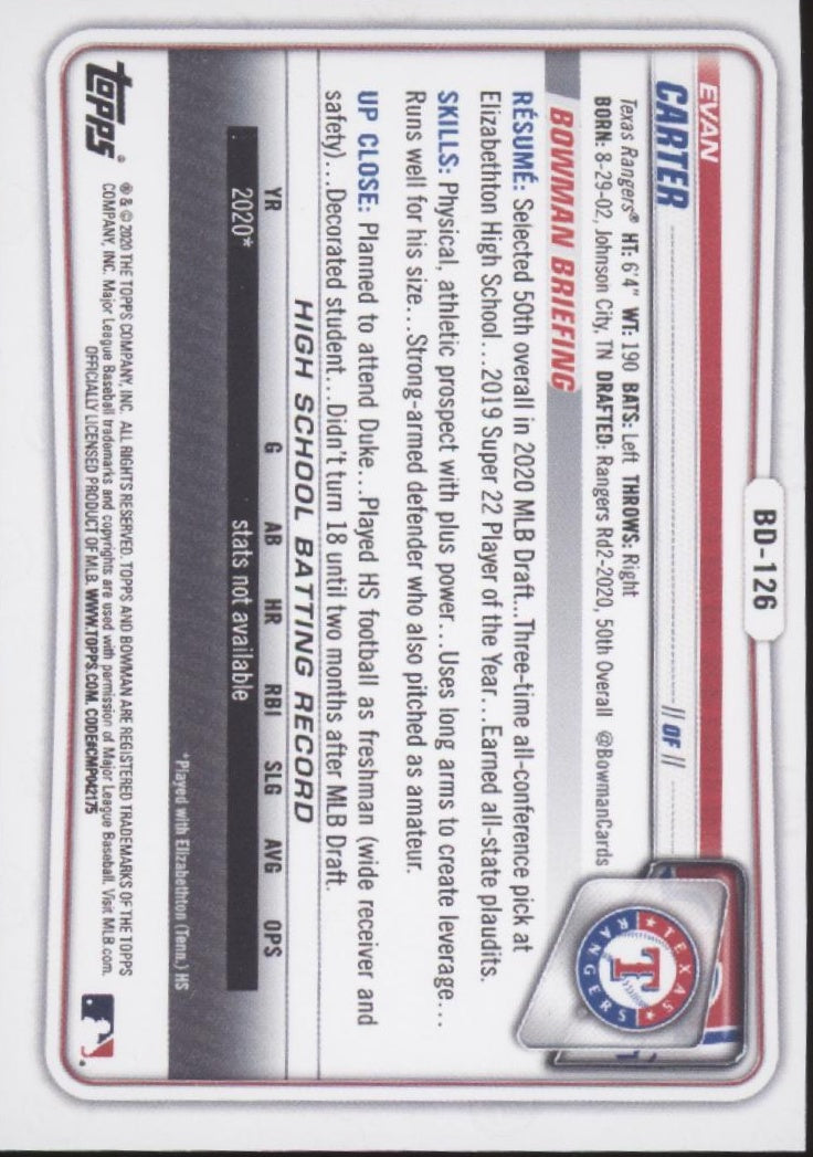 Evan Carter 2020 Bowman Prospect Sky Blue 499/499 #BD-126、Collector Store LLC、kayou