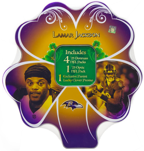 NFL 2025 Panini Football Lamar Jackson Trading Card COLLECTOR Shamrock Tin 5 Packs & 1 Lucky Clover Promo、ToyWiz、kayou