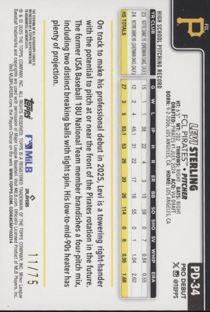 Levi Sterling 2025 Topps Pro Debut Auto Aqua Holo 11/75 #PD-34、Collector Store LLC、kayou