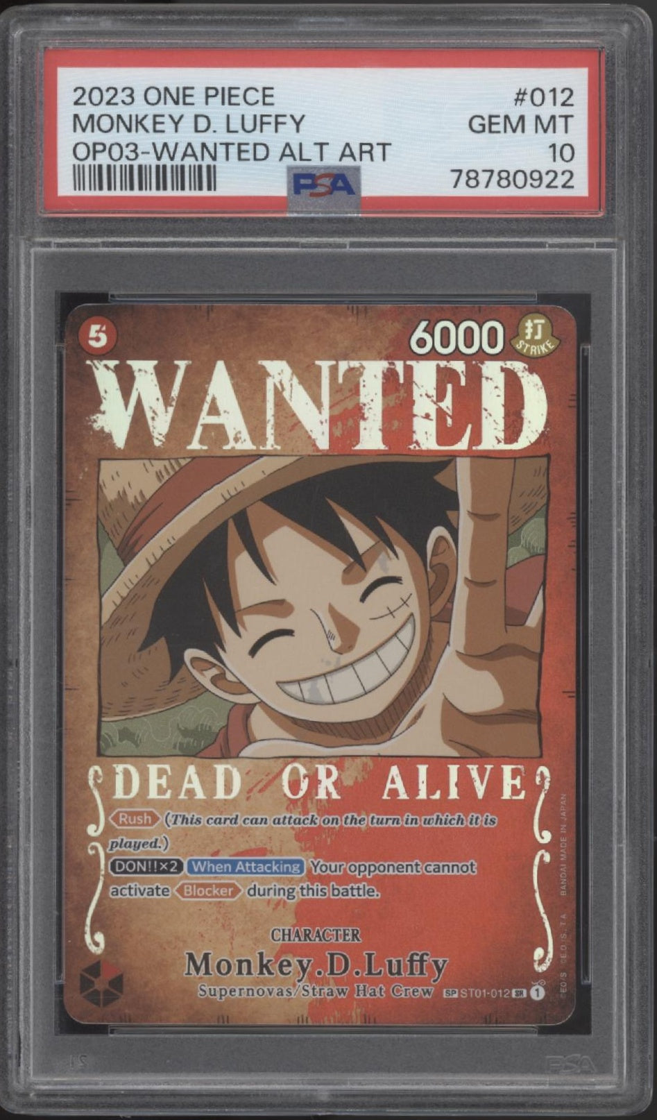 Monkey D Luffy One Piece Card Game OP03 Wanted Alternate Art #012 PSA 10、Collector Store LLC Gaming、kayou